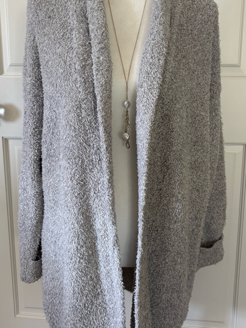 Hello Nite, Plush Open-Front Shawl Women's Cardigan Sweater - Light Gray